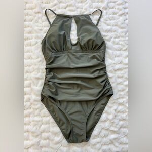 Ellen Tracy Olive Green one piece swimsuit keyhole High Neck Ruching Size 14